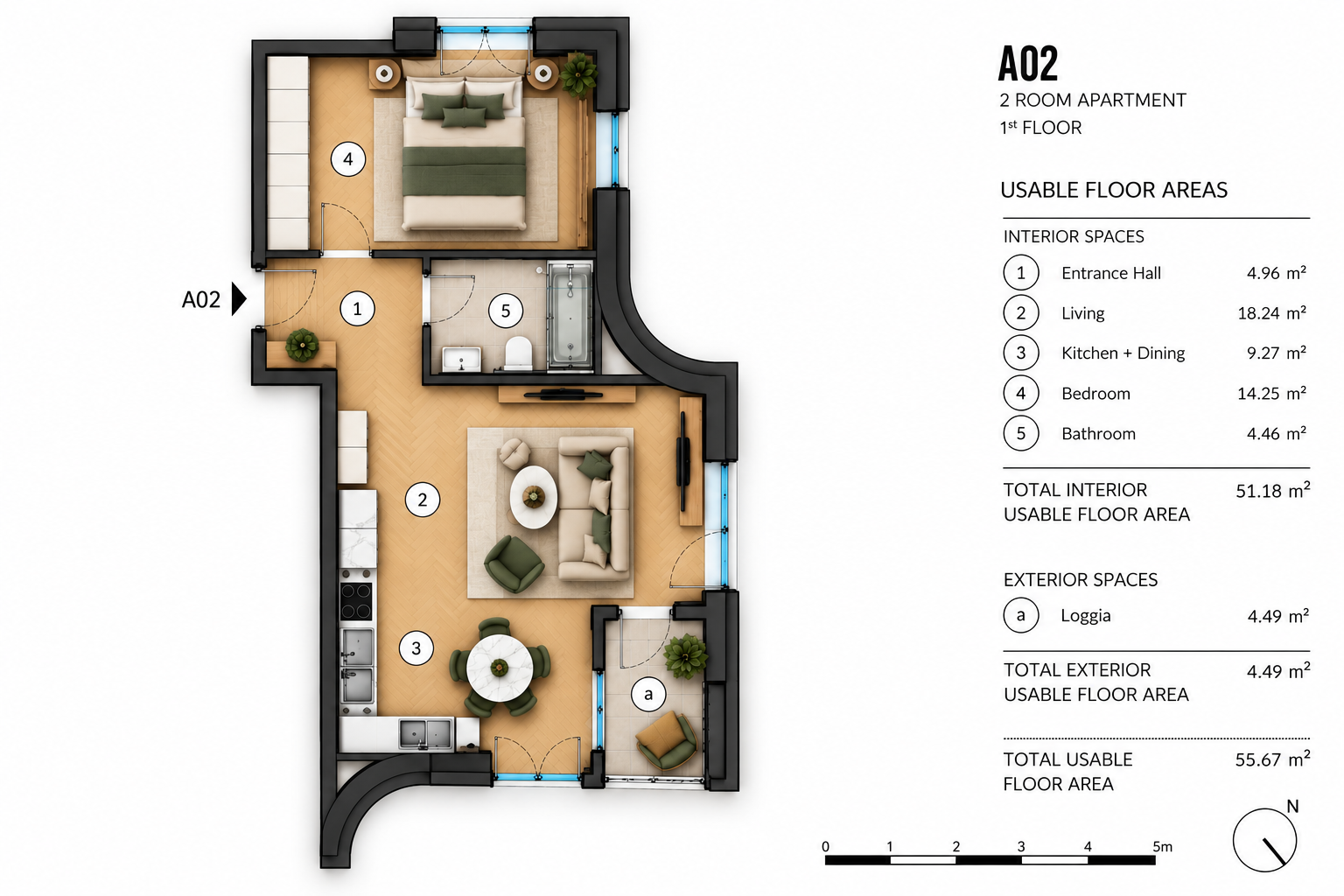 Planul 2D al apartamentului A02, etajul 1: hol, living, bucătărie și dining, dormitor, baie și loggie.