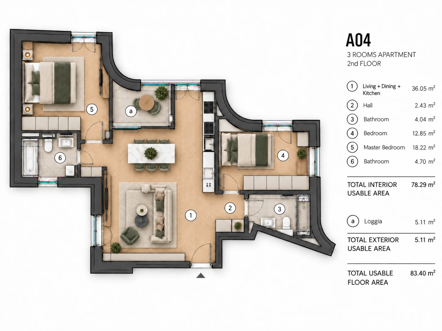 Planul A04: living, dining și bucătărie, două dormitoare, două băi, hol și loggie.