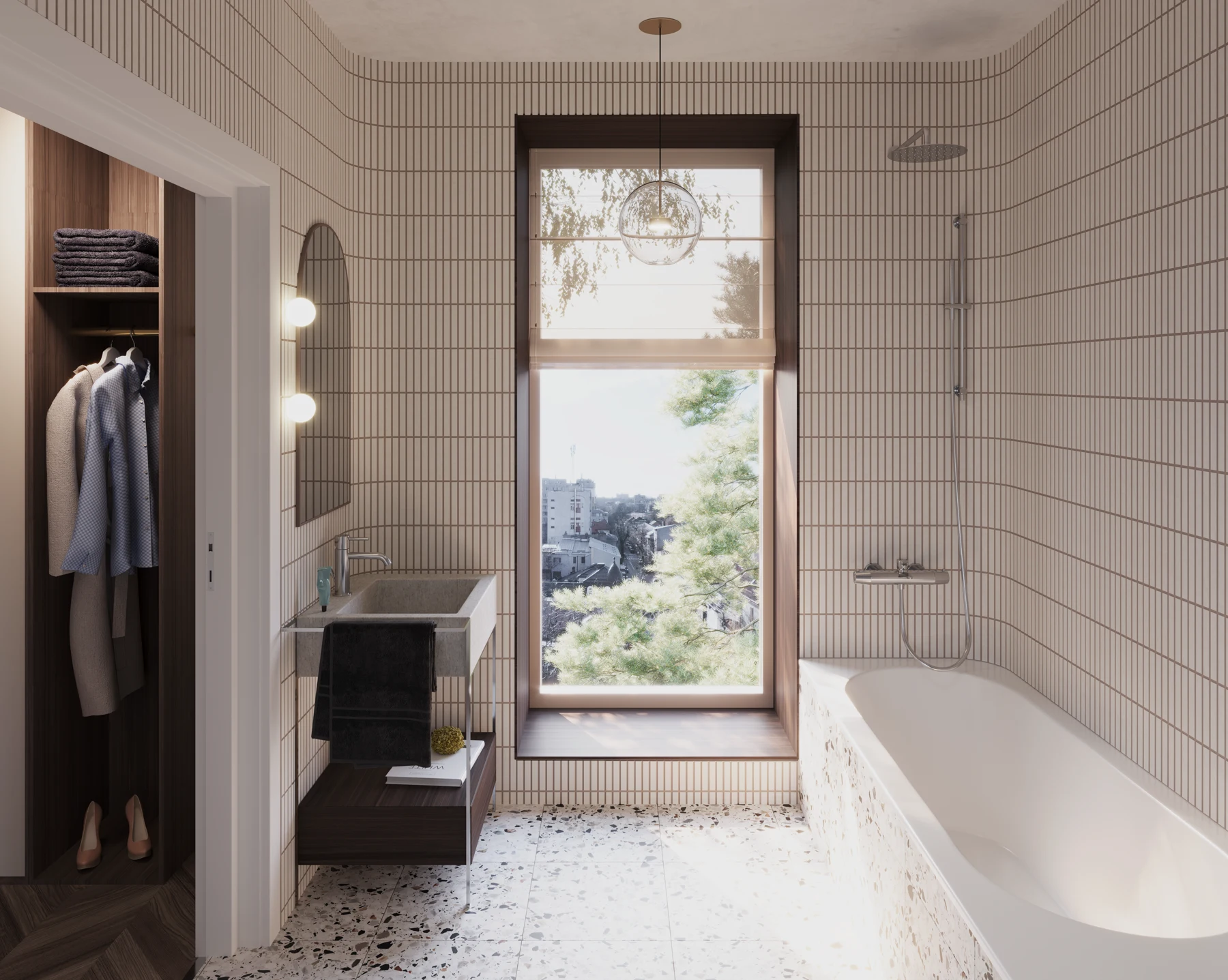 Baie cu terrazzo, ceramică și lumină naturală.