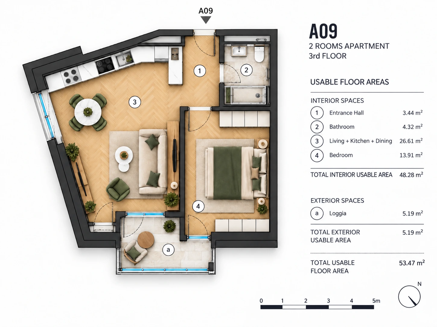 Planul apartamentului A09 cu living, bucătărie și dining, dormitor, baie, hol și loggie.