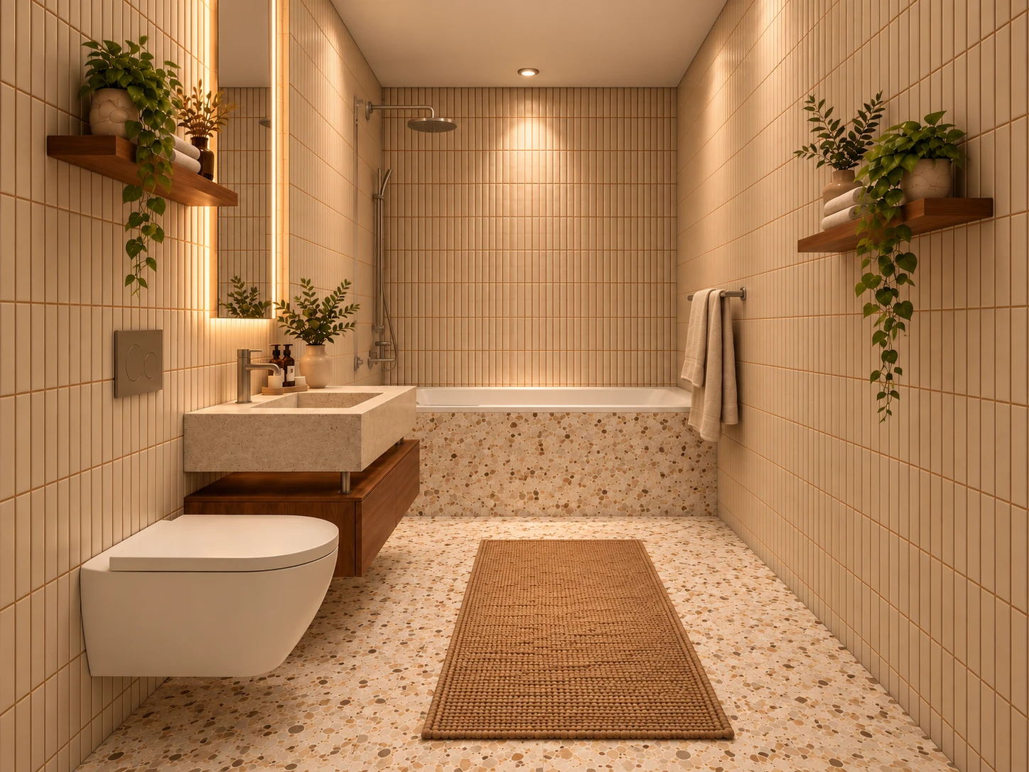Baia B01, cu cadă, lavoar din piatră, ceramică bej și pardoseală terrazzo.