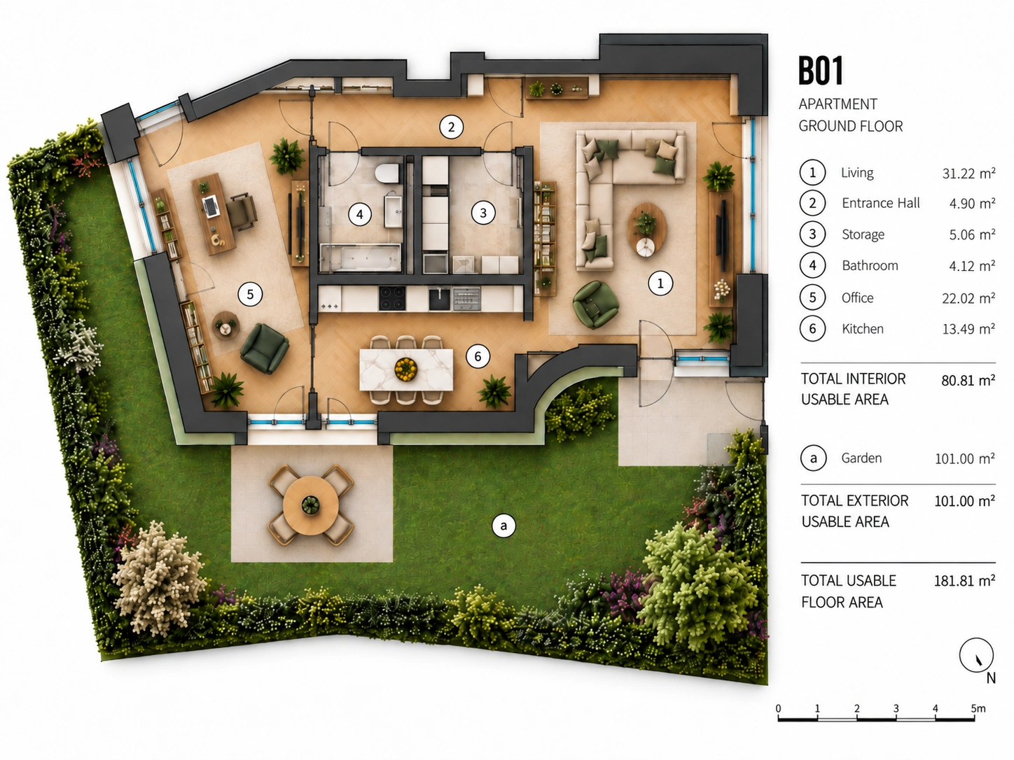 Plan B01 la parter: living, hol, dressing, baie, dormitor, bucătărie și grădină.
