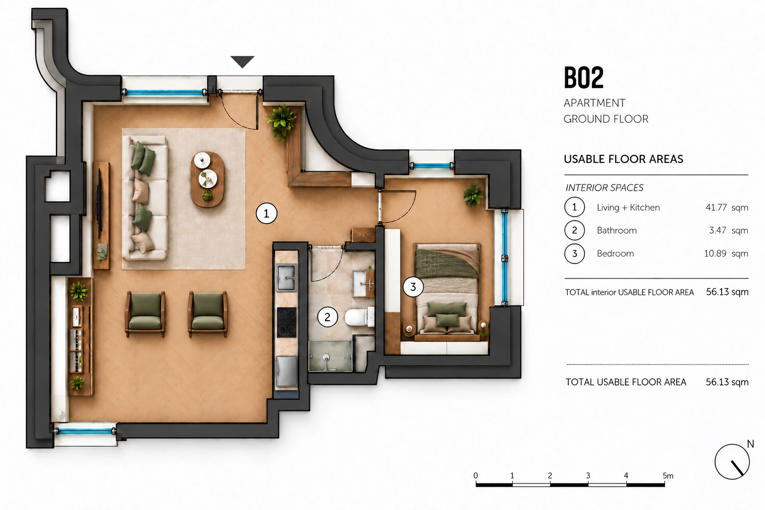 Plan B02 la parter: zonă comună de 41,77 m², baie de 3,47 m² și cameră separată de 10,89 m².