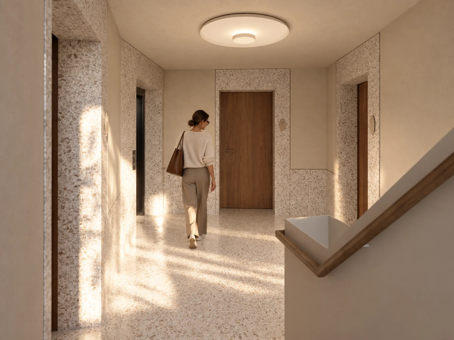 Palier cu terrazzo și ușă de apartament din furnir natural.